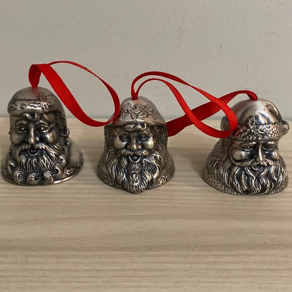 Pewter Vintage 1980 Santa Head Bells Wash metal Holiday Christmas Ornaments - Picture 1 of 6